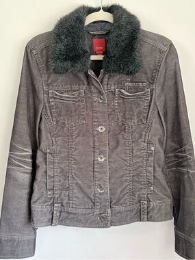 Vintage Esprit Gray Corduroy Jacket with Faux Fur Collar